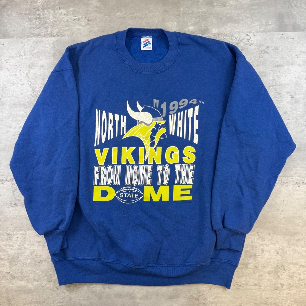 Vintage 1994‎ North White Vikings Jerzees Super Sweats Blue Sweatshirt XL USA